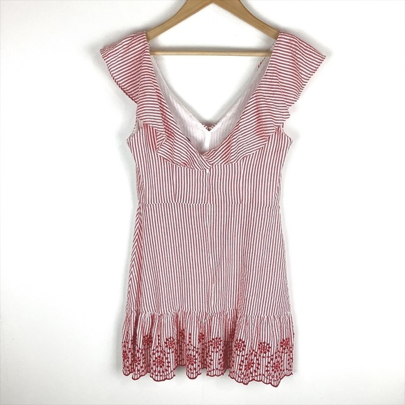 BCBGeneration Women’s Red Stripe Seersucker Flounce Sleeveless Mini Dress Size 4 - Picture 3 of 9